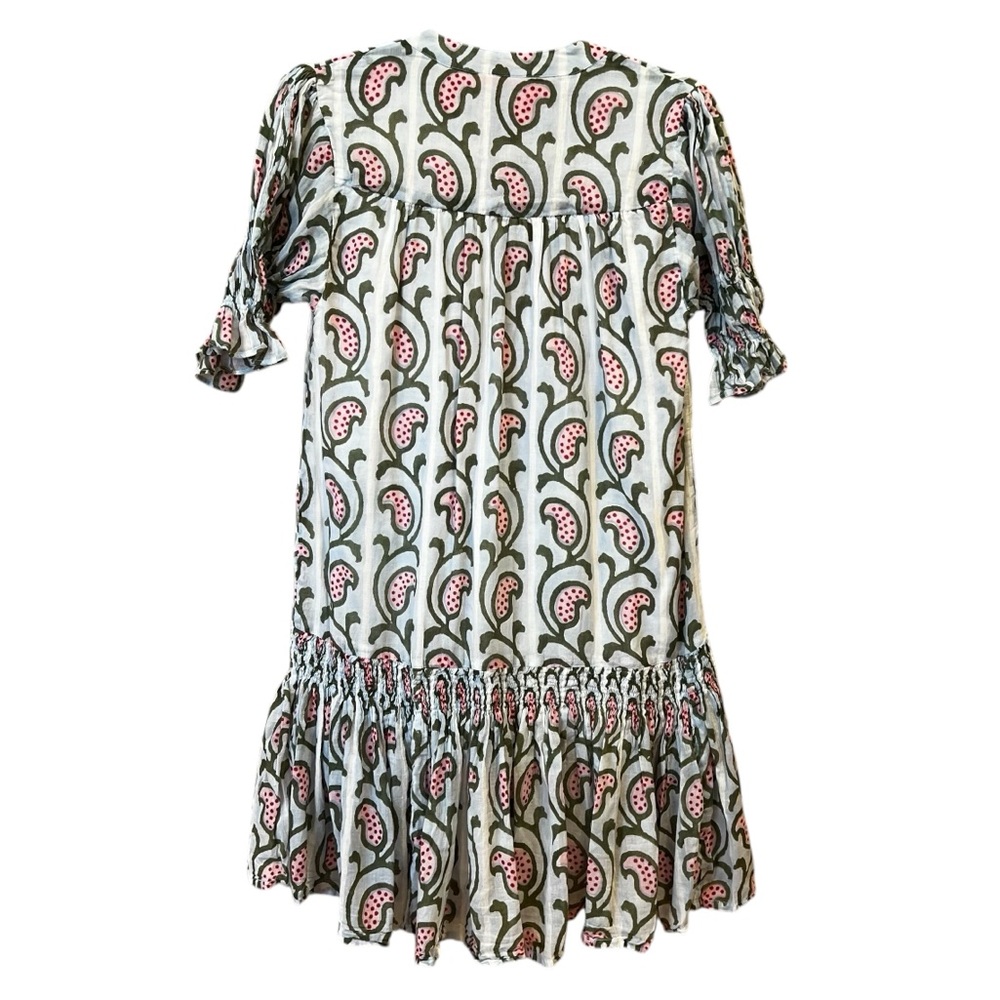 Oliphant Smocked Drop Waist Mini Dress Green Pink Block Print Size Medium Spring - Picture 5 of 6